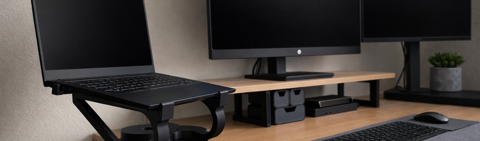 Schwarzer Laptopständer und Monitorerhöhung mit Schubladen auf Holzschreibtisch – modulares Schreibtisch Setup