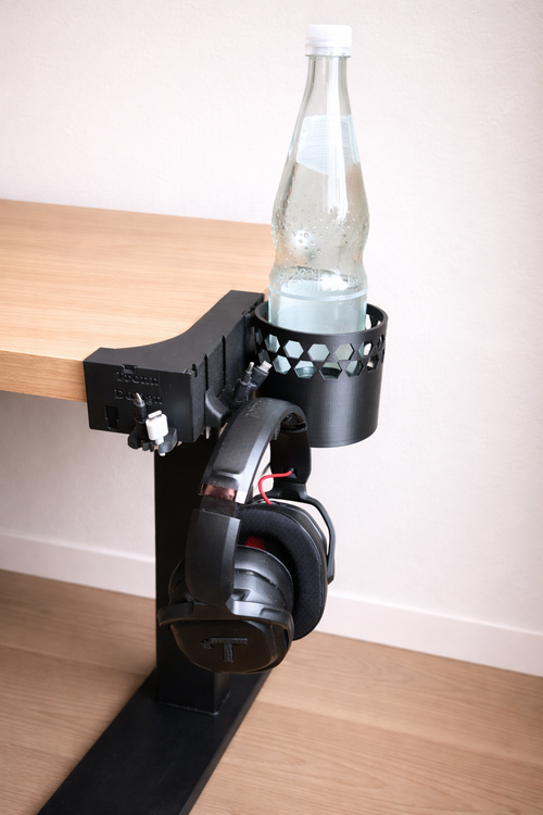 Modularer Schreibtisch Organizer für die Tischkante mit Kabel Clips, Haken für Kopfhörer und Flaschenhalter ohne Bohren